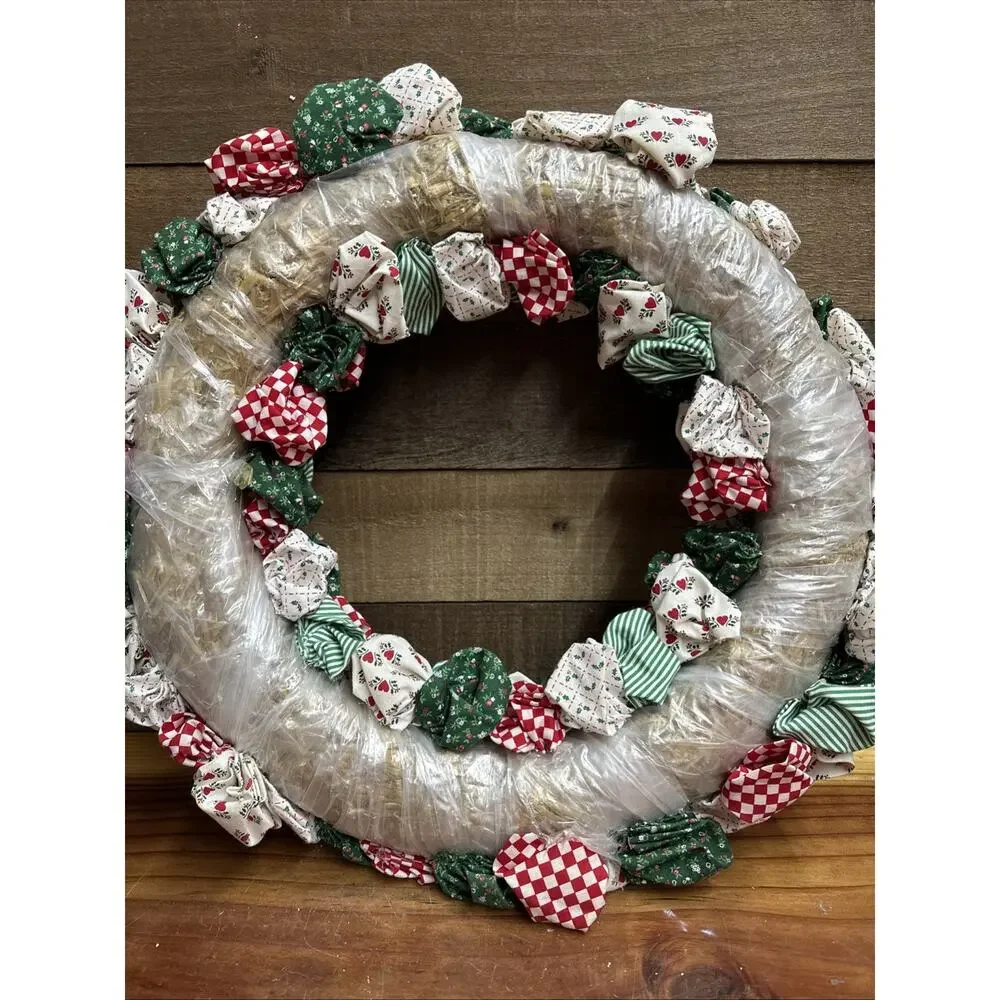 Christmas Themed Rag Wreath Handmade Red White Green Holiday Festive Decor 17”